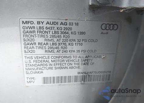 2018 Audi Q7 2.0T Premium from USA, damaged, VIN WA1LHAF73JD035278